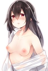 Rule 34 | 1girl, black hair, blush, breasts, breasts out, collar, hair between eyes, highres, long hair, long sleeves, looking at viewer, medium breasts, nipples, no bra, nose blush, off shoulder, open clothes, open shirt, original, otokuyou, red eyes, see-through, shirt, simple background, solo, sweatdrop, topless, undressing, upper body, very long hair, wet, wet clothes, wet shirt, white background, white shirt