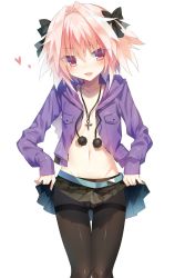 Rule 34 | 1boy, astolfo (fate), belt, black bow, black pantyhose, black skirt, blush, bow, braid, breast pocket, clothes lift, collarbone, cowboy shot, cross, cross necklace, crossdressing, crotch seam, eyes visible through hair, fate/apocrypha, fate/grand order, fate (series), groin, hair between eyes, hair bow, hair intakes, heart, highres, hood, hood down, hoodie, jewelry, lifted by self, long hair, long sleeves, looking at viewer, male focus, miniskirt, navel, necklace, open clothes, open mouth, panties, panties under pantyhose, pantyhose, pink hair, pleated skirt, pocket, pom pom (clothes), purple eyes, short hair, simple background, single braid, skirt, skirt lift, smile, solo, standing, stomach, thigh gap, thighband pantyhose, trap, underwear, unzipped, very long hair, white background, yoruneko, zipper