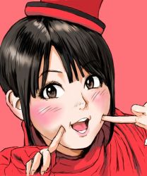 Rule 34 | 1girl, black hair, blush, hat, hello! project, junjun (hello! project), looking at viewer, morning musume, open mouth, red theme, simple background, smile, solo