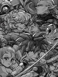 Rule 34 | ayla (chrono trigger), breasts, chrono trigger, closed mouth, crono (chrono trigger), frog (chrono trigger), glasses, greyscale, helmet, highres, jewelry, long hair, looking at viewer, lucca ashtear, magus (chrono trigger), marle (chrono trigger), medium breasts, monochrome, open mouth, ponytail, robo (chrono trigger), scarf, short hair, smile, sword, uzutanco, weapon
