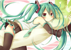 Rule 34 | 1girl, amane kurumi, blush, detached sleeves, green eyes, green hair, hatsune miku, long hair, matching hair/eyes, necktie, no panties, hugging object, pillow, pillow hug, skirt, solo, spring onion, straddling, themed object, thighhighs, twintails, very long hair, vocaloid