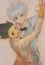 Rule 34 | 2boys, alternate costume, arm around waist, black bow, black bowtie, black hair, blue eyes, bow, bowtie, brown eyes, brown suit, child, formal, from above, gon freecss, highres, hunter x hunter, killua zoldyck, long sleeves, looking at viewer, male focus, multiple boys, short hair, simple background, spiked hair, suit, tiorrr1, upper body, white background, white hair, white suit