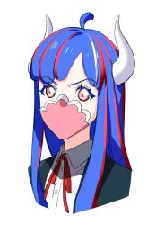 Rule 34 | 1girl, ahoge, alternate costume, blue hair, blue jacket, collared shirt, covered mouth, cropped torso, curled horns, dinosaur girl, horns, jacket, jewelry, long hair, looking at viewer, mask, mouth mask, multicolored hair, necklace, one piece, pink eyes, pink hair, pink mask, raine (acke2445), shirt, simple background, solo, streaked hair, ulti (one piece), white background, white shirt
