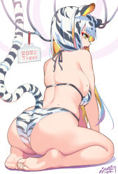 Rule 34 | 1girl, 2022, android, animal ear fluff, animal ears, arm support, barefoot, bikini, black hair, blonde hair, blunt bangs, breasts, cable, chinese zodiac, colored inner hair, drop shadow, english text, eyelashes, eyeliner, fang, from behind, full body, halterneck, highres, iltusa, long hair, makeup, mole, mole on back, mole on breast, mole under eye, multicolored hair, open mouth, original, plantar flexion, profile, seiza, sideboob, sitting, skindentation, soles, solo, straight hair, string bikini, swimsuit, tail, tiger ears, tiger stripes, tiger tail, v arms, white background, white hair, year of the tiger