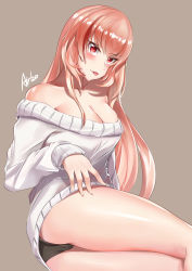 Rule 34 | 1girl, absurdres, airbo, artist name, bare legs, bare shoulders, black panties, blush, breasts, cleavage, closed mouth, collarbone, girls&#039; frontline, highres, legs, long hair, looking at viewer, m4 sopmod ii (girls&#039; frontline), medium breasts, off-shoulder sweater, off shoulder, panties, red eyes, red hair, simple background, sitting, solo, sweater, thighs, tongue, tongue out, underwear, white sweater