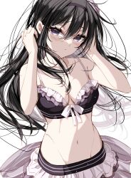 Rule 34 | 1girl, akemi homura, akemi homura (swimsuit ver.), alternate breast size, back bow, bikini, bikini skirt, black bikini, black hair, black hairband, blush, bow, breasts, cleavage, closed mouth, cowboy shot, dot mouth, flower, frilled bikini, frills, front-tie bikini top, front-tie top, groin, hair between eyes, hair down, hair flower, hair ornament, hairband, hand in own hair, hands up, head tilt, highres, long hair, looking at viewer, magia record: mahou shoujo madoka magica gaiden, mahou shoujo madoka magica, medium breasts, misteor, navel, no eyewear, parted lips, purple bikini, purple bow, purple eyes, purple flower, simple background, solo, spaghetti strap, swimsuit, white background, white bow