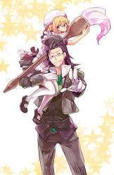Rule 34 | 1boy, 1girl, alternate costume, alternate hairstyle, beryl benito, bespectacled, black hair, blonde hair, braid, brown eyes, carrying, glasses, grin, hat, hisui hearts, ishiwari, pants, purple eyes, shoes, short hair, skirt, smile, tales of (series), tales of hearts, thighhighs, v, white thighhighs