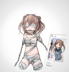Rule 34 | 1girl, absurdres, amputee, ball gag, bandages, bdsm, before and after, brown hair, chain, choker, collar, gag, gagged, highres, quadruple amputee, rnd.jpg (artist), scar