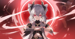 Rule 34 | 1girl, absurdres, breasts, chinese commentary, closed mouth, commentary request, drill hair, earrings, grey hair, hair between eyes, hands up, highres, honkai (series), honkai impact 3rd, jewelry, joints, looking at viewer, medium hair, ooo wange, open hands, prometheus (honkai impact), red background, red eyes, small breasts, solo, straight-on, upper body, v-shaped eyebrows