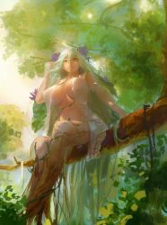 Rule 34 | 1girl, absurdly long hair, blue hair, branch, breasts, center opening, closed mouth, commentary, covered erect nipples, dress, elf, english commentary, flower, forest, from below, hair between eyes, hair flower, hair ornament, hand in own hair, highres, in tree, large breasts, leaf, long hair, nature, no bra, noccu, orange eyes, original, outdoors, pink lips, plant, plant roots, pointy ears, revealing clothes, sideboob, sitting, solo, tree, underboob, very long hair, white dress