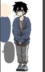 Rule 34 | 1boy, bags under eyes, bandages, bandage on face, bandages, black eyes, black hair, cardigan, color guide, full body, korean text, lee hoon, male focus, pants, parkgee, shoes, sneakers, solo, suicide boy, sweatdrop, track pants, unfinished