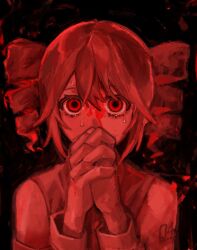 Rule 34 | 1girl, abstract background, bleeding from forehead, commentary request, covering own mouth, detached sleeves, drill hair, empty eyes, female focus, covering own mouth, highres, kasane teto, looking at viewer, monochrome, nervous, nervous sweating, nou 1182, number tattoo, omajinai (synthesizer v), own hands clasped, own hands together, red theme, shirt, shoulder tattoo, sleeveless, sleeveless shirt, solo, straight-on, sweat, tattoo, twin drills, upper body, utau