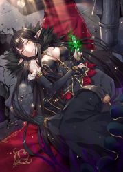 Rule 34 | 1girl, absurdly long hair, bare shoulders, black dress, black hair, breasts, bridal gauntlets, cleavage, commentary request, cup, detached sleeves, dress, drinking glass, fate/grand order, fate (series), feathers, fur trim, gabiran, hair between eyes, hand on own hip, holding, holding cup, holding drinking glass, indoors, large breasts, long dress, long hair, looking at viewer, lying, on back, pointy ears, poison, red carpet, semiramis (fate), smile, very long hair, yellow eyes