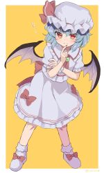 Rule 34 | 1girl, bat wings, blue hair, brooch, dress, expressionless, fang, finger to mouth, flat chest, frilled shirt collar, frills, full body, hair between eyes, hat, highres, jewelry, legs apart, medium hair, mob cap, nail polish, orange background, ramudia (lamyun), red nails, remilia scarlet, short sleeves, simple background, skin fang, solo, standing, touhou, wings