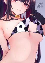 Rule 34 | 1girl, animal print, arm behind back, bad id, bad twitter id, bare shoulders, bell, black gloves, blurry, blurry background, bra, breasts, cleavage, collar, commentary request, cow print, dated, gloves, large breasts, long hair, looking at viewer, mole, neck bell, red eyes, reku hisui, signature, solo, underwear