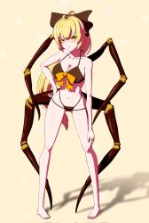 Rule 34 | 1girl, adapted costume, arthropod girl, arthropod limbs, bare legs, barefoot, bikini, blonde hair, bow, breasts, brown bikini, brown bow, cleavage, collarbone, extra legs, full body, hair bow, hand on own hip, highres, insect girl, kurodani yamame, leaning forward, long hair, medium breasts, midriff, navel, pepelonthi, ponytail, simple background, spider girl, standing, stomach, swimsuit, touhou, very long hair, yellow background, yellow bow, yellow eyes