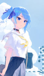 Rule 34 | 1girl, bag, blue eyes, blue hair, blue ribbon, blue skirt, blue sky, blush, choker, closed mouth, cloud, cloudy sky, cowboy shot, day, from side, hair ribbon, highres, hololive, hoshimachi suisei, looking at viewer, looking to the side, makimaki makky7, midriff peek, neckerchief, outdoors, pleated skirt, railroad crossing, ribbon, sailor collar, school bag, school uniform, shadow, shirt, short sleeves, side ponytail, sidelocks, skirt, sky, solo, standing, virtual youtuber, white shirt, yellow neckerchief