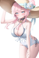 Rule 34 | 1girl, absurdres, bare arms, bare legs, bare shoulders, blue archive, blue eyes, blush, breasts, cleavage, closed mouth, collarbone, cowboy shot, hat, highres, large breasts, long hair, mimori (blue archive), one-piece swimsuit, pink hair, simple background, sisong, smile, solo, straw hat, swimsuit, white background, white one-piece swimsuit