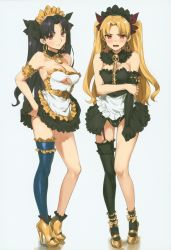 Rule 34 | 2girls, absurdres, adapted costume, alternate costume, apron, arm under breasts, asymmetrical legwear, bare shoulders, black dress, black hair, black leotard, blonde hair, blush, breasts, cleavage, cleavage cutout, clothing cutout, detached collar, dress, earrings, embarrassed, enmaided, ereshkigal (fate), fate/grand order, fate (series), female focus, full body, gold trim, grey background, hair ribbon, highres, hoop earrings, incredibly absurdres, infinity symbol, ishtar (fate), jewelry, leotard, long hair, looking at viewer, maid, maid apron, maid headdress, maid leotard, medium breasts, multiple girls, necklace, open mouth, panties, parted bangs, red eyes, ribbon, scan, short dress, simple background, single sleeve, single thighhigh, skull, smile, spine, standing, strapless, strapless dress, thighhighs, tiara, tohsaka rin, two side up, type-moon, unconventional maid, underboob cutout, underwear, uneven legwear, waist apron, white dress, yd (orange maru)