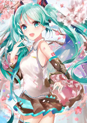 Rule 34 | 1girl, absurdres, aqua eyes, aqua hair, aqua necktie, bare shoulders, black skirt, black sleeves, black thighhighs, blurry, blurry background, cherry blossoms, detached sleeves, falling petals, from side, hair ornament, hatsune miku, highres, long hair, looking at viewer, looking to the side, miniskirt, necktie, petals, pleated skirt, shirt, shoulder tattoo, skirt, sleeveless, sleeveless shirt, solo, tattoo, thighhighs, tree, tsukasa (pixiv34617881), twintails, very long hair, vocaloid, white shirt, zettai ryouiki
