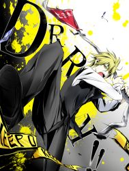 Rule 34 | 1boy, bad id, bad pixiv id, blonde hair, caution tape, durarara!!, glasses, heiwajima shizuo, highres, japanese stop sign, kanaria (fuusenkazura), keep out, male focus, road sign, short hair, sign, solo, stop sign, sunglasses, yellow eyes