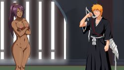 Rule 34 | 1girl, bleach, blush, breasts, breasts squeezed together, closed eyes, closed mouth, clothed male nude female, crossed arms, dark-skinned female, dark skin, embarrassed, feet out of frame, groin, high ponytail, highres, indoors, japanese clothes, kurosaki ichigo, large breasts, legs, looking at viewer, navel, nipples, nude, one side up, pinkpawg, purple hair, pussy, shihouin yoruichi, smile, standing, sword, thighs, uncensored, weapon, yellow eyes