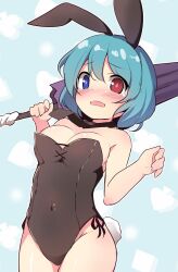 Rule 34 | 1girl, @ @, animal ears, baku-p, black leotard, blue background, blue hair, blush, breasts, bunny day, cleavage, commentary request, covered navel, cross-laced clothes, highres, holding, holding umbrella, large breasts, leotard, looking at viewer, one-hour drawing challenge, open mouth, playboy bunny, purple umbrella, rabbit ears, rabbit tail, short hair, solo, tail, tatara kogasa, tearing up, touhou, umbrella
