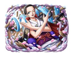 Rule 34 | 1girl, black hair, blue eyes, cherry blossoms, disembodied limb, hana hana no mi, japanese clothes, nico robin, official art, one eye closed, one piece, one piece treasure cruise, open mouth, petals, solo, solo focus, teeth