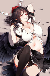 Rule 34 | 1girl, absurdres, bird wings, black panties, black skirt, black thighhighs, black wings, blush, breasts, brown hair, buttons, cleavage, collarbone, collared shirt, commentary request, feathered wings, feathers, frilled skirt, frills, hair in own mouth, hand in own hair, hat, highres, large breasts, looking at viewer, lying, miniskirt, navel, on back, panties, pointy ears, pom pom (clothes), puffy short sleeves, puffy sleeves, raptor7, red eyes, red hat, shameimaru aya, shirt, short hair, short sleeves, skirt, solo, stomach, thighhighs, tokin hat, touhou, underwear, wavy hair, white shirt, wing collar, wings
