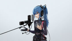 Rule 34 | 1girl, absurdres, asymmetrical sleeves, black ribbon, black shirt, blue eyes, blue hair, chest harness, gloves, hair ribbon, half gloves, hand on own chest, harness, headphones, high ponytail, highres, hololive, hoshimachi suisei, hoshimachi suisei (shout in crisis), isolatediev, layered skirt, long sleeves, looking ahead, microphone, mismatched sleeves, music, official alternate costume, official alternate hair length, official alternate hairstyle, open mouth, overskirt, pleated skirt, ribbon, see-through, see-through midriff, see-through sleeves, shirt, simple background, singing, single glove, single half glove, single sidelock, skirt, star (symbol), star in eye, studio microphone, symbol in eye, the first take, turtleneck, upper body, virtual youtuber