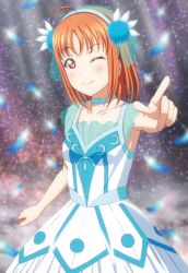 Rule 34 | 1girl, ahoge, blue feathers, feathers, hair down, headdress, kazuma (theworld000021), love live!, love live! sunshine!!, one eye closed, orange hair, pointing, pointing at viewer, red eyes, short hair, sky, solo, star (sky), starry sky, takami chika, water blue new world
