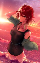 Rule 34 | 1girl, absurdres, aketa mikoto, arm behind head, belt, brown eyes, dress, evening, highres, idolmaster, idolmaster shiny colors, jacket, jewelry, looking at viewer, medium hair, multicolored hair, nanahoshi kou, necklace, ocean, open clothes, open jacket, red hair, sunset, twilight, two-tone hair, water