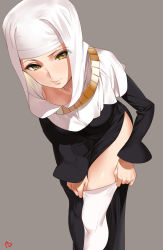 Rule 34 | 1girl, absurdres, adjusting clothes, adjusting legwear, blush, breasts, collarbone, cowboy shot, fate/grand order, fate (series), from above, grey background, highres, leaning forward, light smile, lips, long sleeves, looking at viewer, medium breasts, nun, parted lips, sessyoin kiara, side slit, simple background, smile, solo, thighhighs, thighs, white thighhighs, yd (orange maru), yellow eyes