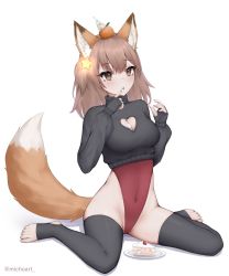 Rule 34 | 1girl, absurdres, animal ears, annytf, black thighhighs, blush, brown eyes, brown hair, fox ears, fox girl, fox tail, highres, michoart, object on head, simple background, solo, tail, thighhighs, thighs, virtual youtuber, white background