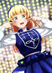 Rule 34 | 1girl, absurdres, blonde hair, blue hairband, blue skirt, blunt bangs, commentary request, earrings, epaulettes, green eyes, hairband, hands up, heanna sumire, highres, index fingers raised, jewelry, long hair, long sleeves, looking at viewer, love live!, love live! superstar!!, midriff peek, navel, open mouth, signature, skirt, smile, solo, surv1v3-13005993, teeth, upper body, upper teeth only
