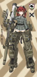 Rule 34 | 1girl, animal ears, bad id, bad pixiv id, character name, commentary request, dakku (ogitsune), earmuffs, fingerless gloves, full body, gloves, gun, headset, mecha musume, military, military vehicle, motor vehicle, red eyes, red hair, solo, standing, strike witches, strike witches 1991, striker unit, tail, tank, uniform, vehicle, weapon, world witches series