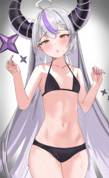 Rule 34 | 1girl, :d, bikini, black bikini, blush, collarbone, commentary, cowboy shot, flat chest, grey background, grey hair, hands up, highres, hololive, horns, la+ darknesss, long hair, nail polish, navel, open mouth, pointy ears, purple hair, purple nails, smile, solo, stomach, sweat, sweatdrop, swimsuit, symbol-only commentary, tail, very long hair, virtual youtuber, yellow eyes, youyoukai