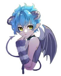 Rule 34 | 1boy, alternate species, bare shoulders, blue hair, collar, crop top, cropped torso, demon boy, demon horns, demon tail, demon wings, detached sleeves, hand up, highres, horns, looking at viewer, looking to the side, male focus, mizunuma sk, no mask, ortho shroud, parted lips, short hair, simple background, solo, spiked hair, striped, tail, twisted wonderland, white background, wings, yellow eyes