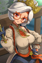 Rule 34 | 1girl, bare shoulders, breasts, brown coat, coat, collarbone, double bun, eyeshadow, eyewear on head, glasses, gloves, gonzarez, hair bun, hair ornament, hair stick, hair up, highres, large breasts, long sleeves, looking at viewer, makeup, mixed-language commentary, nintendo, purah, red-framed eyewear, red eyes, red eyeshadow, round eyewear, sheikah, sleeveless, smile, solo, the legend of zelda, the legend of zelda: tears of the kingdom, white hair