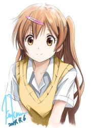 Rule 34 | 10s, 1girl, artist name, brown eyes, brown hair, chuunibyou demo koi ga shitai!, closed mouth, collarbone, collared shirt, dated, hair ornament, hairclip, highres, kem kem, long hair, md5 mismatch, nibutani shinka, one side up, resolution mismatch, school uniform, shirt, short sleeves, side ponytail, signature, smile, solo, source larger, sweater vest, upper body, white background, white shirt, wing collar