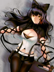 Rule 34 | 1girl, arm ribbon, bad id, bad pixiv id, black bow, black hair, black pantyhose, black ribbon, black shorts, blake belladonna, bow, breasts, cleavage, closed mouth, cowboy shot, dutch angle, floating hair, grey background, hair between eyes, hair bow, highres, holding, holding weapon, kankitsurui (house of citrus), pantyhose under shorts, long hair, looking at viewer, medium breasts, midriff, navel, pantyhose, ribbon, rwby, short shorts, short sleeves, shorts, solo, standing, stomach, very long hair, weapon, yellow eyes