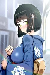 Rule 34 | 1girl, :/, blue kimono, blunt bangs, blunt ends, blurry, blurry background, blush, breasts, closed mouth, commentary request, floral print kimono, flower, green eyes, green hair, hair flower, hair ornament, hands up, highres, japanese clothes, kimono, large breasts, light particles, link! like! love live!, looking at viewer, looking back, love live!, momose ginko, obi, official alternate costume, sash, short hair, shouma (1026syoma), solo, sparkle, upper body, virtual youtuber, yellow sash