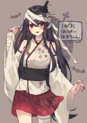 Rule 34 | 1girl, bandaged arm, bandaged head, bandaged leg, bandages, bat (animal), black hair, blush, breasts, dated, detached sleeves, fusou (kancolle), halloween, headgear, japanese clothes, kantai collection, long hair, nail polish, nontraditional miko, open mouth, pleated skirt, red eyes, red skirt, saitu miki, signature, skirt, solo, tombstone, wide sleeves