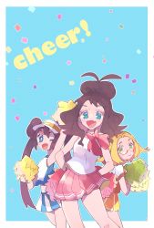Rule 34 | 3girls, :d, ;d, antenna hair, bare arms, bianca (pokemon), blonde hair, border, bow, cheerleader, commentary request, confetti, creatures (company), double bun, english text, eyelashes, fang, game freak, glasses, green eyes, hair bun, highres, hilda (pokemon), holding, holding pom poms, long hair, looking at viewer, misha (ohds101), multiple girls, nintendo, one eye closed, open mouth, outline, pink skirt, pleated skirt, pokemon, pokemon bw, pokemon masters ex, pom pom (cheerleading), pom poms, rosa (pokemon), semi-rimless eyewear, shirt, short sleeves, skin fang, skirt, smile, tongue, twintails