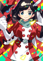 Rule 34 | 1girl, anidler91, black hair, blue eyes, clenched hand, closed mouth, creatures (company), dress, game freak, gen 2 pokemon, gloves, hair ornament, highres, long sleeves, looking at viewer, mega pokemon, mega scizor, nintendo, official alternate costume, pokemon, pokemon (creature), pokemon masters ex, red dress, scarf, scizor, selene (pokemon), selene (special costume) (pokemon), short hair, smile, two-tone dress, white dress, white gloves