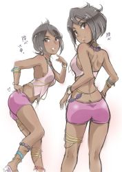 Rule 34 | 1girl, anklet, ass, back, backless outfit, bare shoulders, bent over, black hair, blush, breasts, brown eyes, butt crack, closed mouth, creatures (company), dark-skinned female, dark skin, diamond (shape), earrings, elite four, from behind, game freak, gem, hand on own hip, heart, high heels, highres, island kahuna, jewelry, leaning forward, looking at viewer, looking back, medium breasts, murabito c, neck ring, necklace, nintendo, no bra, olivia (pokemon), pink footwear, pink lips, pink shirt, pokemon, pokemon sm, purple shorts, shirt, shoes, short hair, shorts, sideboob, simple background, smile, solo, standing, tank top, thigh strap, translated, white background