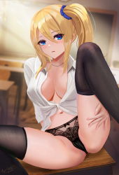 Rule 34 | 1girl, absurdres, arm around leg, arm support, black panties, black thighhighs, blonde hair, blouse, blue eyes, blush, breasts, cameltoe, classroom, desk, feet out of frame, hair between eyes, hayasaka ai, highres, indoors, jewelry, kaguya-sama wa kokurasetai ~tensai-tachi no renai zunousen~, large breasts, leaning back, leg up, lingerie, long hair, long sleeves, looking at viewer, meginalter, navel, necklace, no bra, on table, open clothes, open shirt, panties, parted lips, school desk, shirt, side ponytail, sidelocks, signature, sitting, solo, spread legs, table, thighhighs, tied shirt, underwear, white shirt