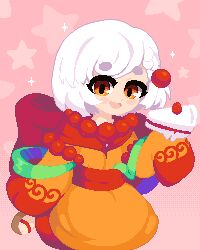 Rule 34 | 1girl, bead necklace, beads, blush, bow, braid, cake, cake slice, dithered background, food, geta, hair ornament, japanese clothes, jewelry, kimono, looking at viewer, minimilieu, necklace, open mouth, orange eyes, orange kimono, original, pink background, pixel art, seiza, short hair, sitting, smile, solo, sparkle, star (symbol), thick eyebrows, white hair