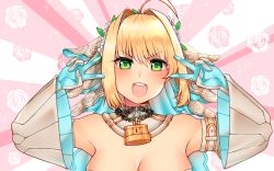 Rule 34 | 1girl, ahoge, bare shoulders, blonde hair, blue gloves, blush, breasts, bridal veil, chain, cleavage, detached sleeves, double v, emotional engine - full drive, fate/extra, fate/extra ccc, fate/grand order, fate (series), floral background, flower wreath, gloves, green eyes, hair between eyes, hair intakes, hands up, head wreath, highres, large breasts, lock, long hair, long sleeves, looking at viewer, nero claudius (bride) (fate), nero claudius (bride) (second ascension) (fate), nero claudius (fate), nero claudius (fate) (all), newmoonshira, open mouth, padlock, parody, pink background, puffy detached sleeves, puffy sleeves, smile, solo, sparkle, sunburst, sunburst background, two-tone gloves, v, veil, white background, white gloves, white sleeves, wide sleeves