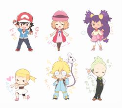 Rule 34 | &gt; &lt;, 3boys, 3girls, ash ketchum, bad id, bad pixiv id, baseball cap, black hair, black pants, blonde hair, blush, bonnie (pokemon), bow, bowtie, brown eyes, brown hair, cilan (pokemon), clemont (pokemon), creatures (company), closed eyes, facing viewer, full body, game freak, glasses, green neckwear, hat, heart, highres, holding, holding poke ball, iris (pokemon), long hair, looking at viewer, mei (maysroom), multiple boys, multiple girls, nintendo, pants, pink footwear, pink headwear, poke ball, poke ball (basic), pokemon, pokemon (anime), pokemon bw (anime), pokemon xy (anime), purple hair, red headwear, serena (pokemon), shoes, short hair, simple background, spiked hair, standing, traditional bowtie, translation request, white background